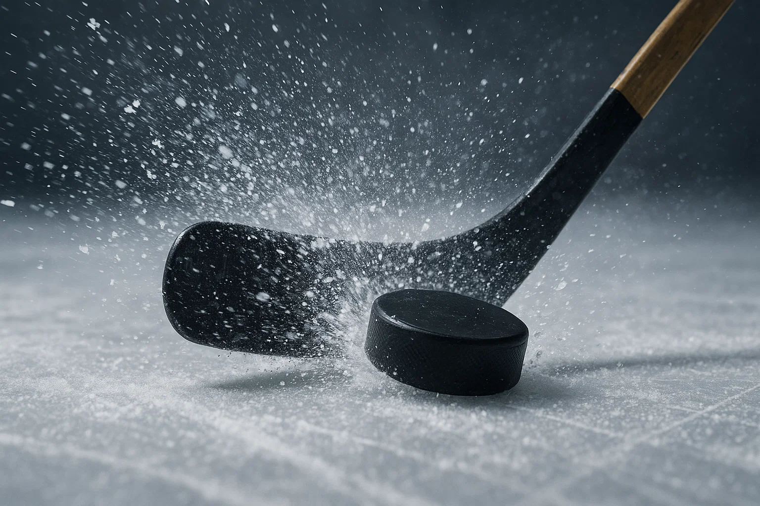 A close-up of a hockey stick hitting a puck representing the ujersey NHL collection