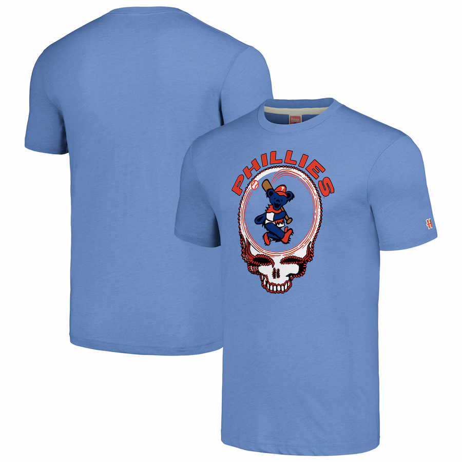 Men's Philadelphia Phillies Homage Light Blue Grateful Dead Tri-Blend T-Shirt