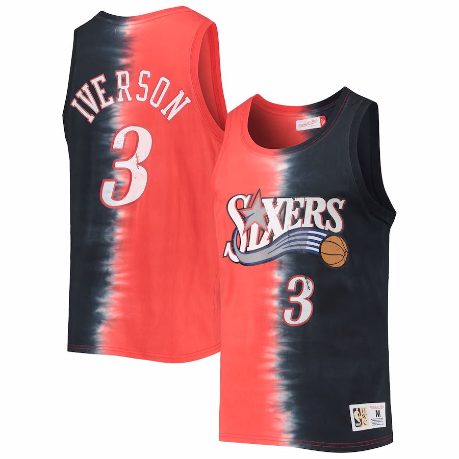 Men's Philadelphia 76ers Allen Iverson Mitchell & Ness Red/Black Hardwood Classics Tie-Dye Name & Number Tank Top
