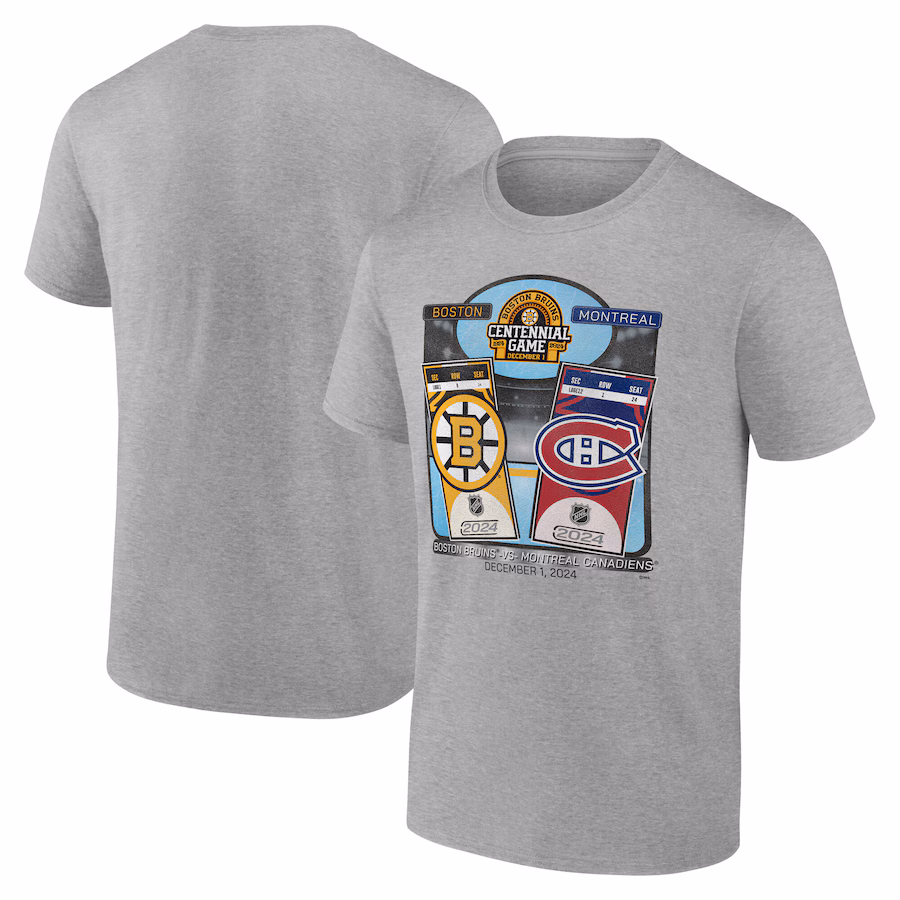 Men's Boston Bruins vs. Montreal Canadiens Heather Gray Centennial Game Matchup T-Shirt