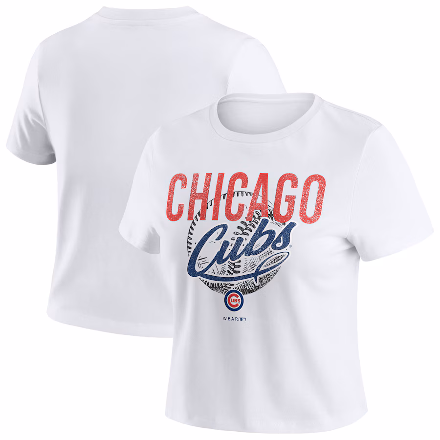 Women's Chicago Cubs WEAR by Erin Andrews White Distressed Cropped Baby T-Shirt