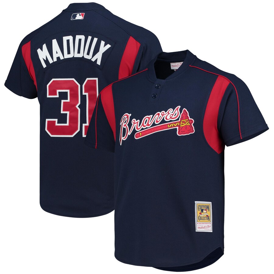 Men's Atlanta Braves Greg Maddux Mitchell & Ness Navy Cooperstown Collection Mesh Batting Practice Button-Up Jersey