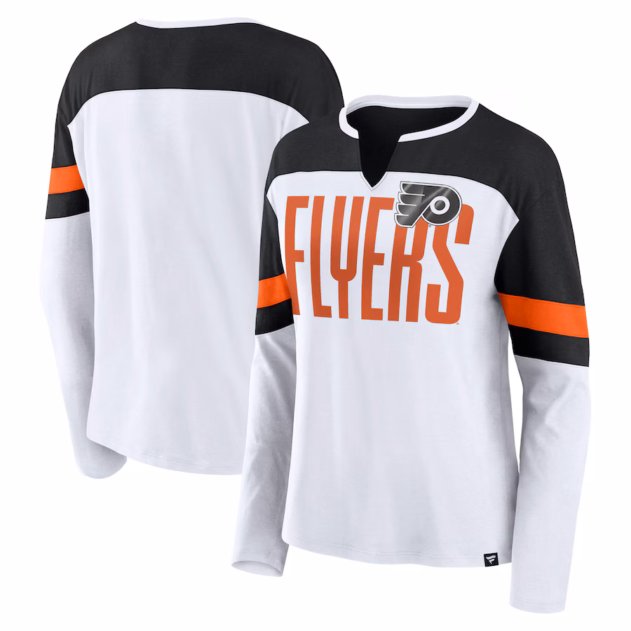 Women's Philadelphia Flyers Fanatics White/Black Frozen Long Sleeve Notch Neck T-Shirt