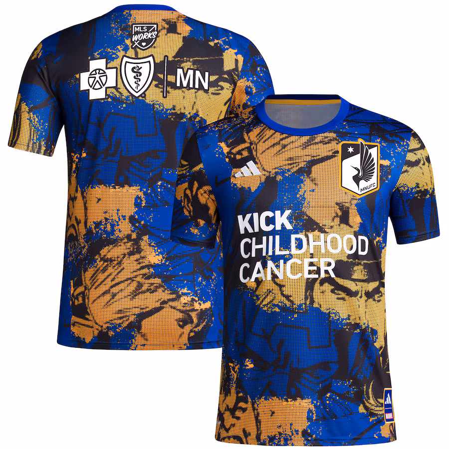 Men's Minnesota United FC adidas Royal 2023 MLS Works Kick Childhood Cancer x Marvel Pre-Match Top