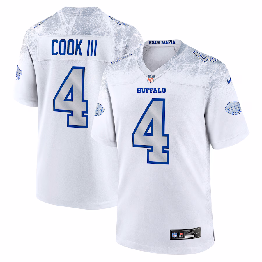 Men's Buffalo Bills James Cook III Nike White 2025 Rivalries Collection Game Jersey