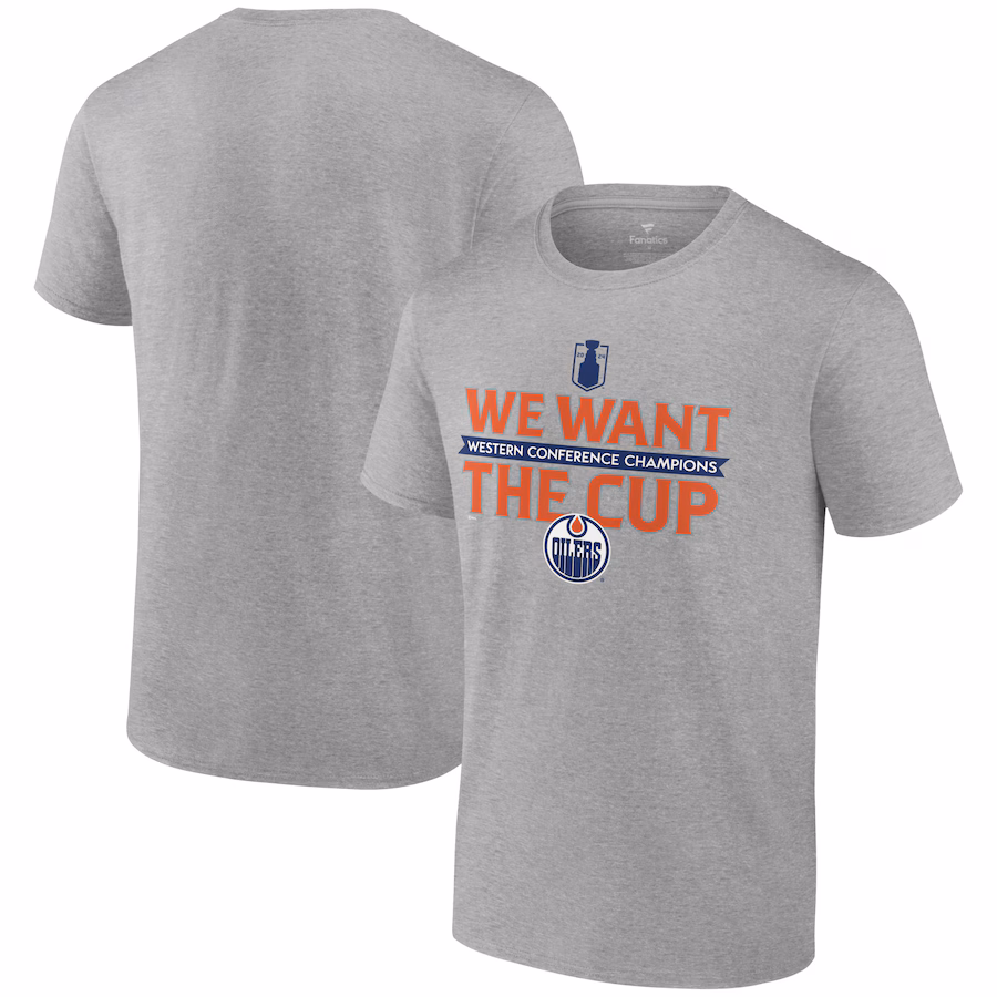 Men's Edmonton Oilers Fanatics Steel 2024 Western Conference Champions We Want The Cup T-Shirt