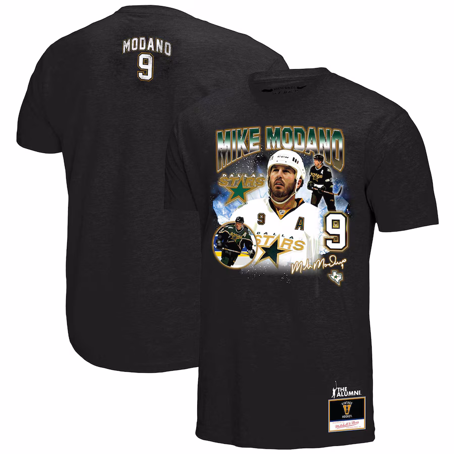 Men's Dallas Stars Mike Modano Mitchell & Ness Black Name & Number Legendary Collage T-Shirt