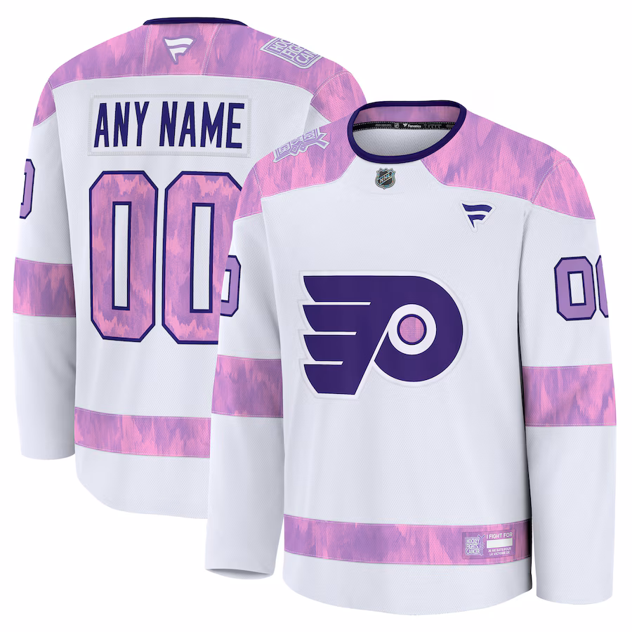Men's Philadelphia Flyers Fanatics White 2024 Hockey Fights Cancer Custom Practice Jersey