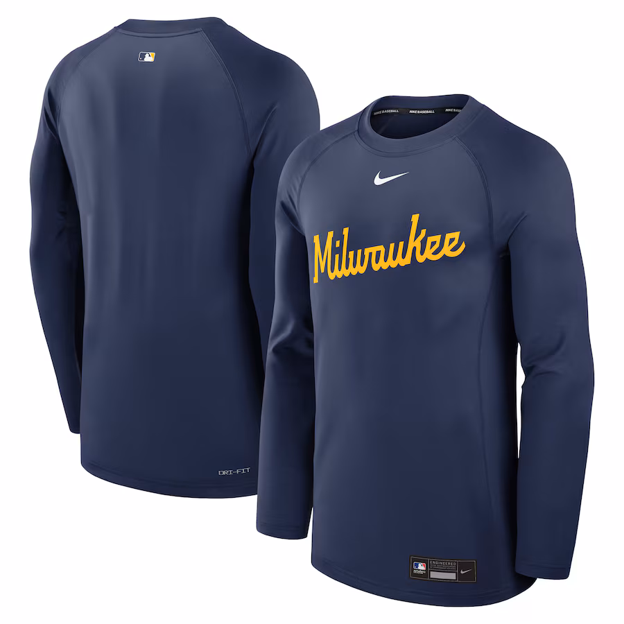 Men's Milwaukee Brewers Nike Navy Authentic Collection Game Time Raglan Performance Long Sleeve T-Shirt