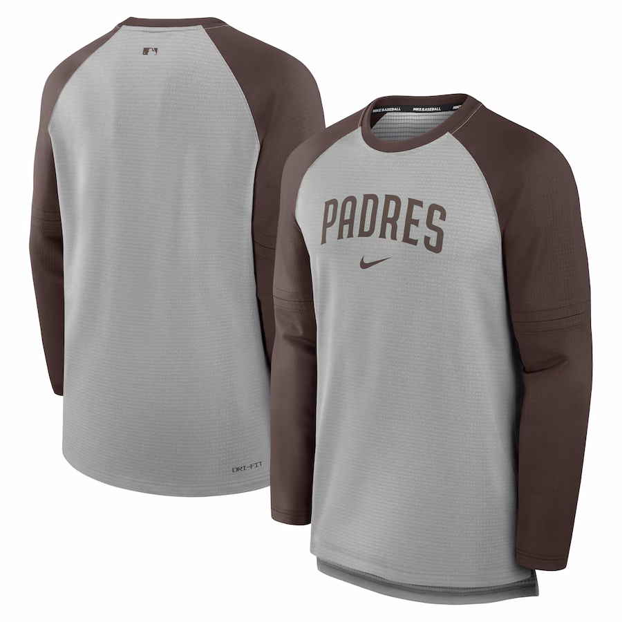Men's San Diego Padres Nike Heather Gray/Brown Authentic Collection Game Time Raglan Performance Long Sleeve T-Shirt