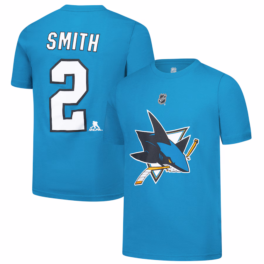 Youth San Jose Sharks Will Smith Teal Player Name & Number T-Shirt