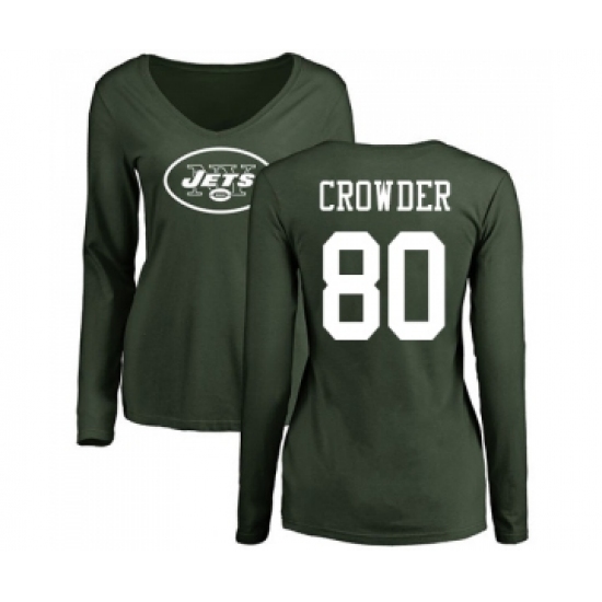 Football Women's New York Jets #80 Jamison Crowder Green Name & Number Logo Long Sleeve T-Shirt - Ujersey Shop