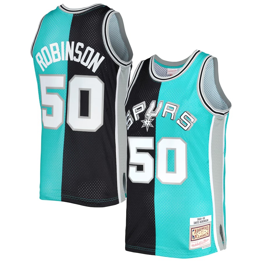 Men's San Antonio Spurs David Robinson Mitchell & Ness Black/Teal Hardwood Classics 1998/99 Split Swingman Jersey - Ujersey Shop