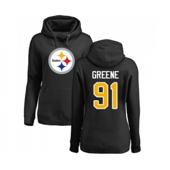 Football Women's Pittsburgh Steelers #91 Kevin Greene Black Name & Number Logo Pullover Hoodie - Ujersey Shop
