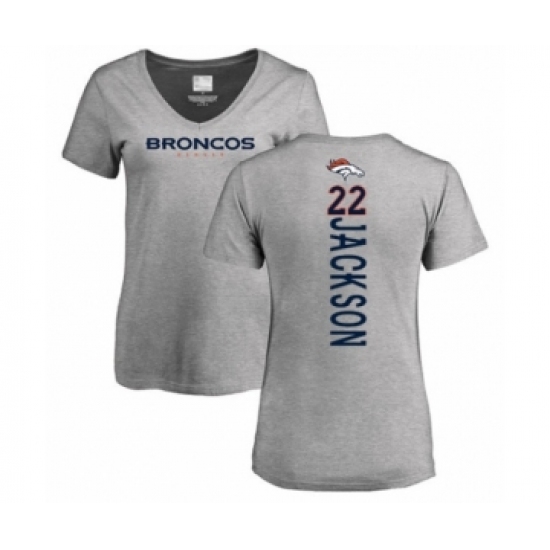 Football Women's Denver Broncos #22 Kareem Jackson Ash Backer V-Neck T-Shirt - Ujersey Shop