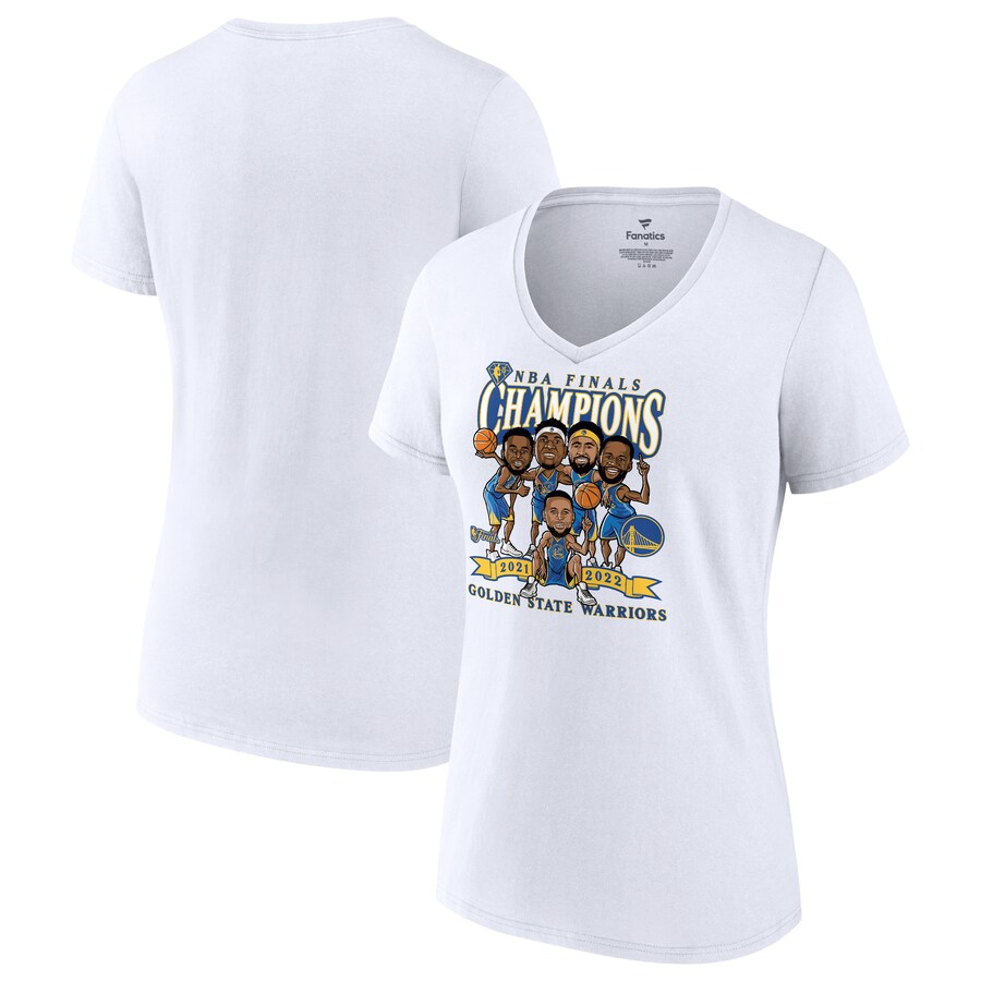 Women's Golden State Warriors Fanatics White 2022 NBA Finals Champions Caricature V-Neck T-Shirt - Ujersey Shop