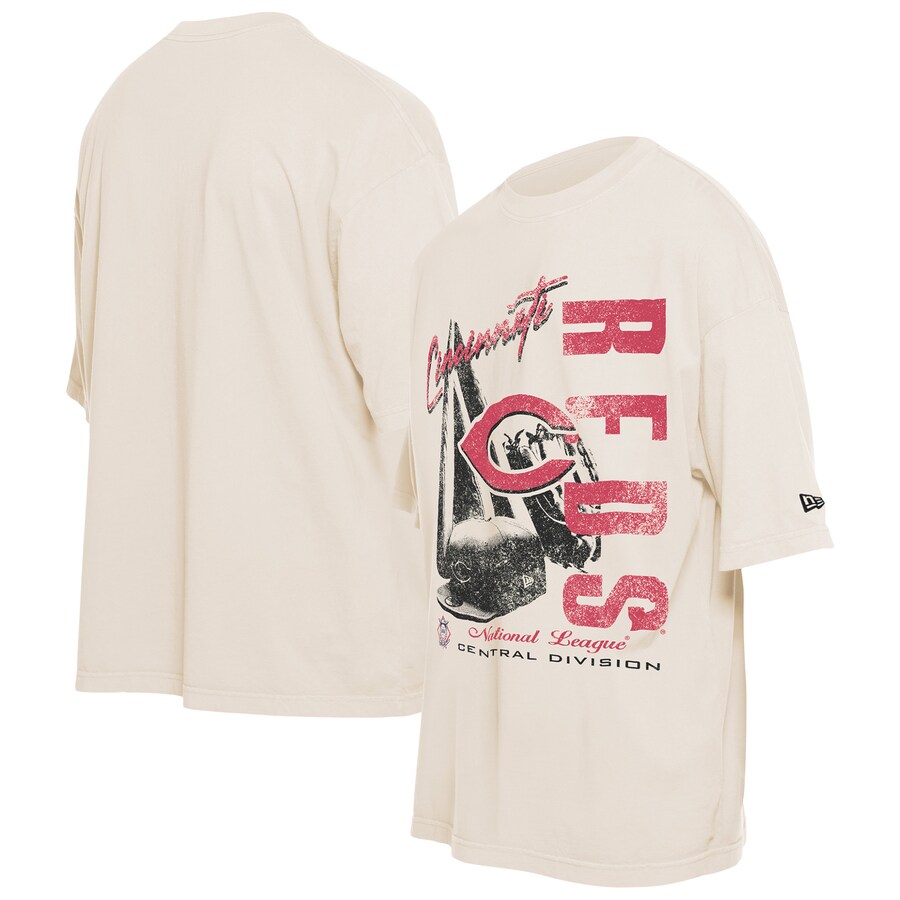 Men's Cincinnati Reds New Era Cream Cooperstown Collection Oversized Throwback Distressed T-Shirt - Ujersey Shop