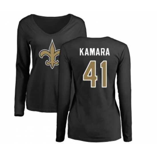 Football Women's New Orleans Saints #41 Alvin Kamara Black Name & Number Logo Slim Fit Long Sleeve T-Shirt - Ujersey Shop