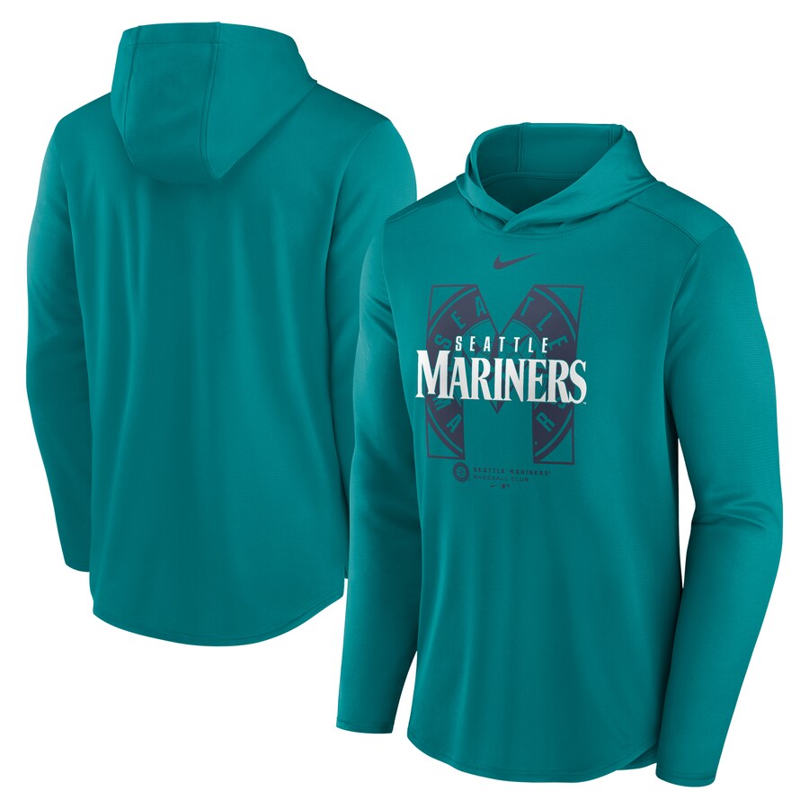Men's Seattle Mariners Nike Aqua Team Letterman Performance Hooded Long Sleeve T-Shirt - Ujersey Shop