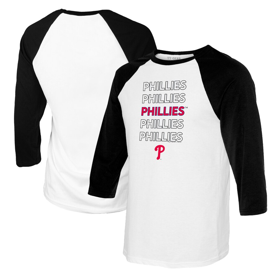 Women's Philadelphia Phillies Tiny Turnip White/Black Stacked 3/4-Sleeve Raglan T-Shirt - Ujersey Shop