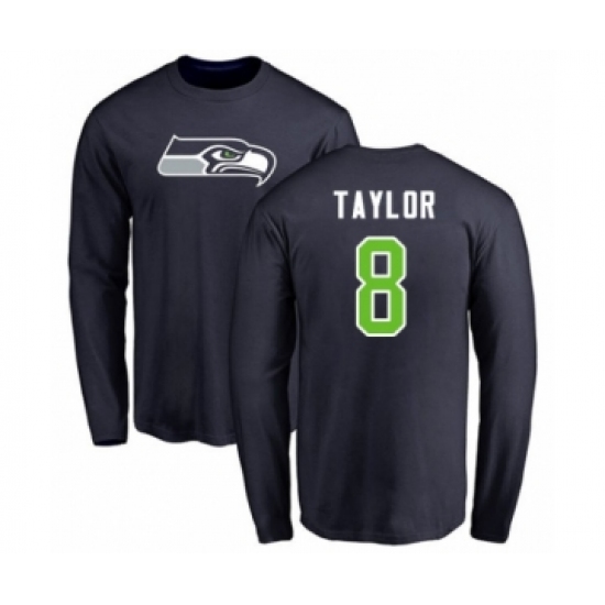 Football Seattle Seahawks #8 Jamar Taylor Navy Blue Name & Number Logo Long Sleeve T-Shirt - Ujersey Shop
