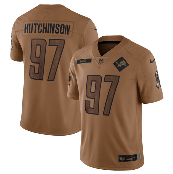 Men's Detroit Lions #97 Aidan Hutchinson 2023 Brown Salute To Service Limited Football Stitched Jersey - Ujersey Shop