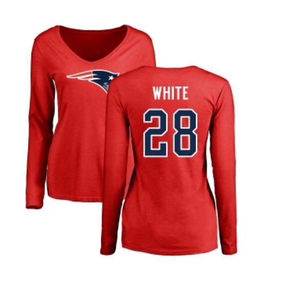 Football Women's New England Patriots #28 James White Red Name & Number Logo Slim Fit Long Sleeve T-Shirt - Ujersey Shop