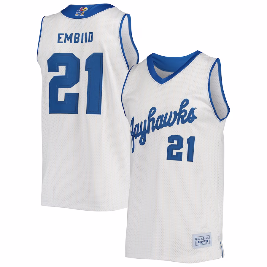 Joel Embiid Kansas Jayhawks Original Retro Brand Alumni Commemorative Classic Basketball Jersey - Cream - Ujersey Shop