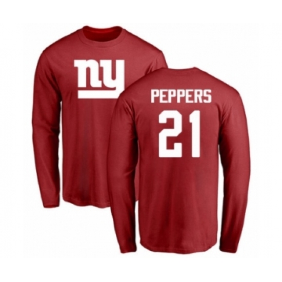 Football New York Giants #21 Jabrill Peppers Red Name & Number Logo Long Sleeve T-Shirt - Ujersey Shop