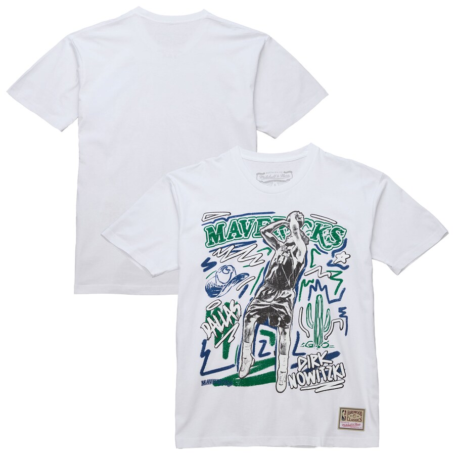 Men's Dallas Mavericks Dirk Nowitzki Mitchell & Ness White Hardwood Classics Chalked Up T-Shirt - Ujersey Shop