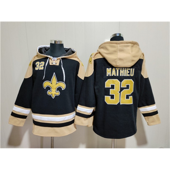 Men's New Orleans Saints #32 Tyrann Mathieu Black Ageless Must-Have Lace-Up Pullover Hoodie - Ujersey Shop