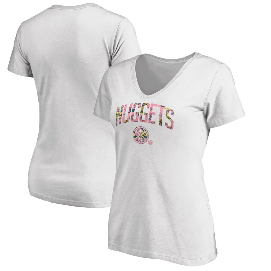 Women's Denver Nuggets White Floral Arch V-Neck T-Shirt - Ujersey Shop