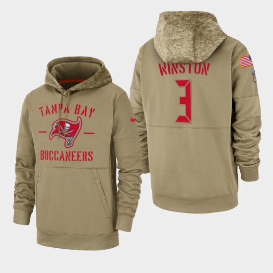 Men's Tampa Bay Buccaneers #3 Jameis Winston 2019 Salute to Service Sideline Therma Pullover Hoodie - Tan - Ujersey Shop