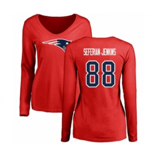 Football Women's New England Patriots #88 Austin Seferian-Jenkins Red Name & Number Logo Slim Fit Long Sleeve T-Shirt - Ujersey Shop