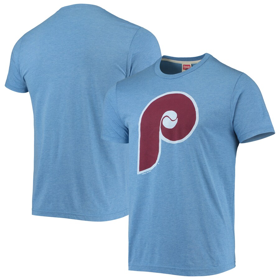 Men's Philadelphia Phillies Homage Light Blue Hand-Drawn Logo Tri-Blend T-Shirt - Ujersey Shop