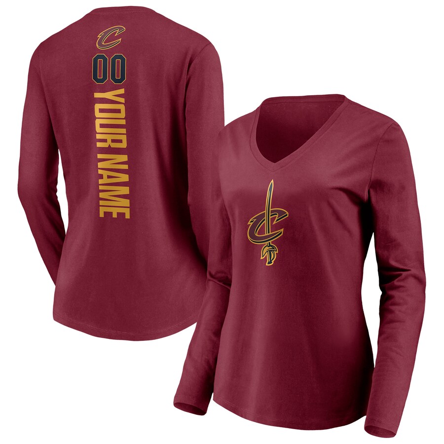 Women's Cleveland Cavaliers Wine Playmaker Personalized Name & Number Long Sleeve V-Neck T-Shirt - Ujersey Shop