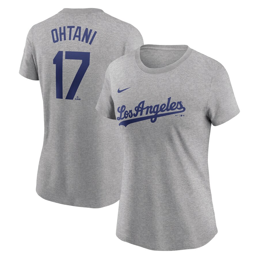 Women's Los Angeles Dodgers Shohei Ohtani Nike Heather Gray Fuse Name & Number T-Shirt - Ujersey Shop