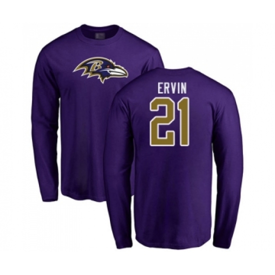 Football Baltimore Ravens #21 Tyler Ervin Purple Name & Number Logo Long Sleeve T-Shirt - Ujersey Shop