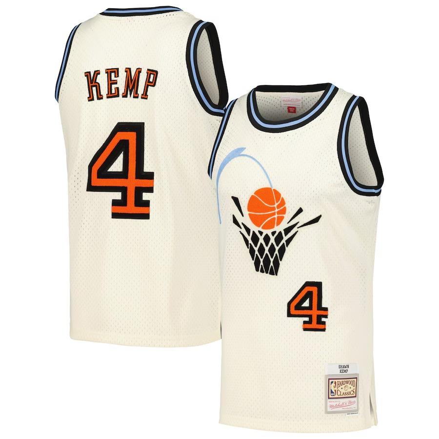 Men's Cleveland Cavaliers Shawn Kemp Mitchell & Ness Cream Chainstitch Swingman Jersey - Ujersey Shop