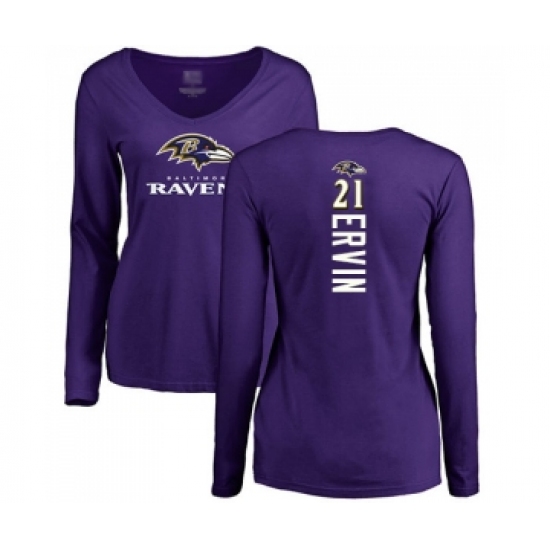 Football Women's Baltimore Ravens #21 Tyler Ervin Purple Backer Long Sleeve T-Shirt - Ujersey Shop