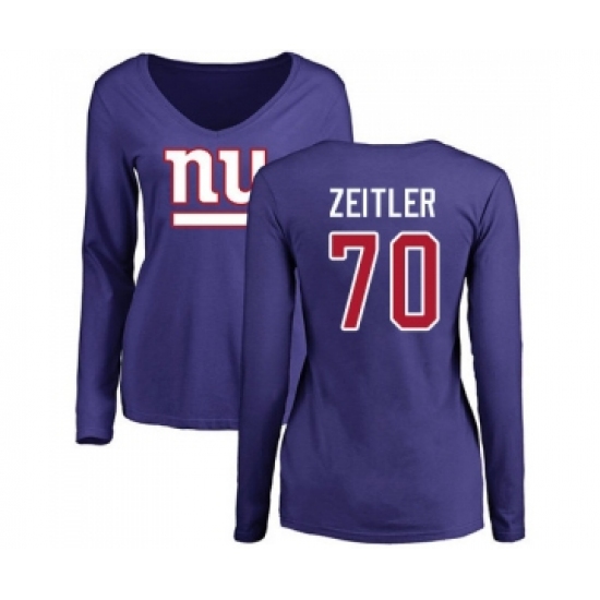 Football Women's New York Giants #70 Kevin Zeitler Royal Blue Name & Number Logo Long Sleeve T-Shirt - Ujersey Shop