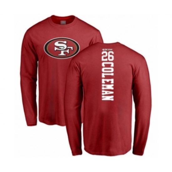 Football San Francisco 49ers #26 Tevin Coleman Red Backer Long Sleeve T-Shirt - Ujersey Shop