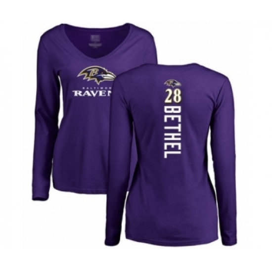 Football Women's Baltimore Ravens #28 Justin Bethel Purple Backer Long Sleeve T-Shirt - Ujersey Shop