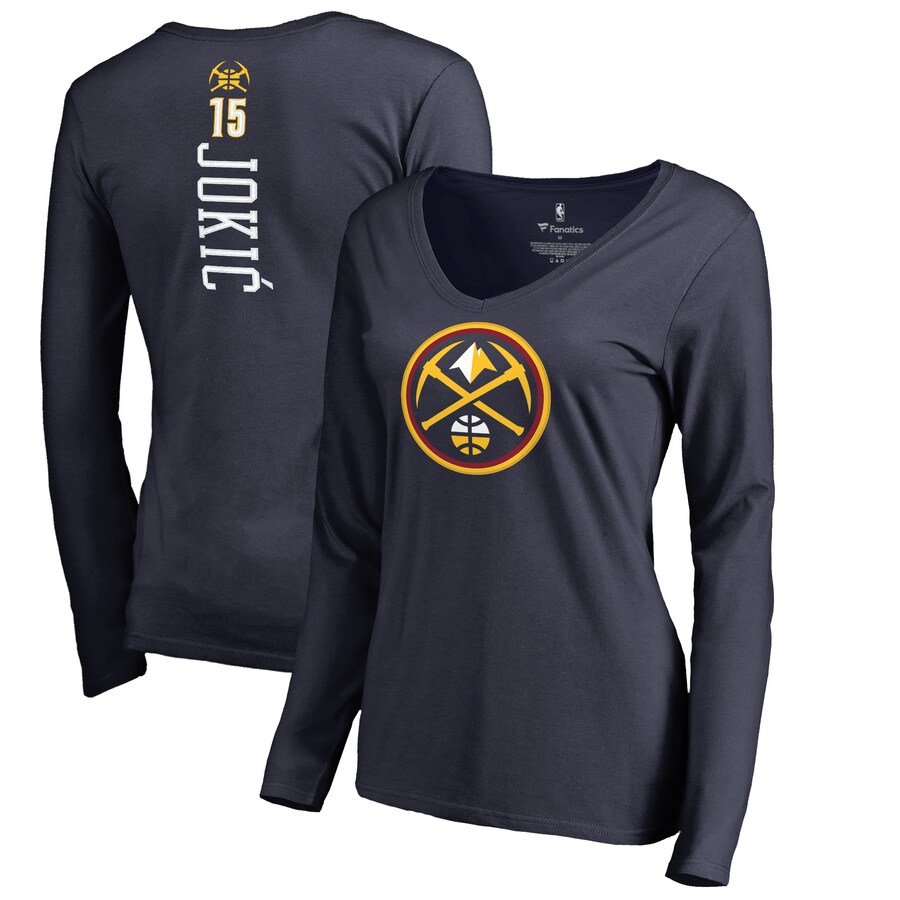 Women's Denver Nuggets Nikola Jokic Navy Team Backer Name & Number Long Sleeve V-Neck T-Shirt - Ujersey Shop