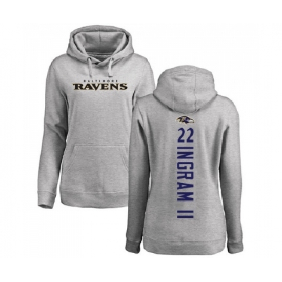 Football Women's Baltimore Ravens #22 Mark Ingram II Ash Backer Pullover Hoodie - Ujersey Shop