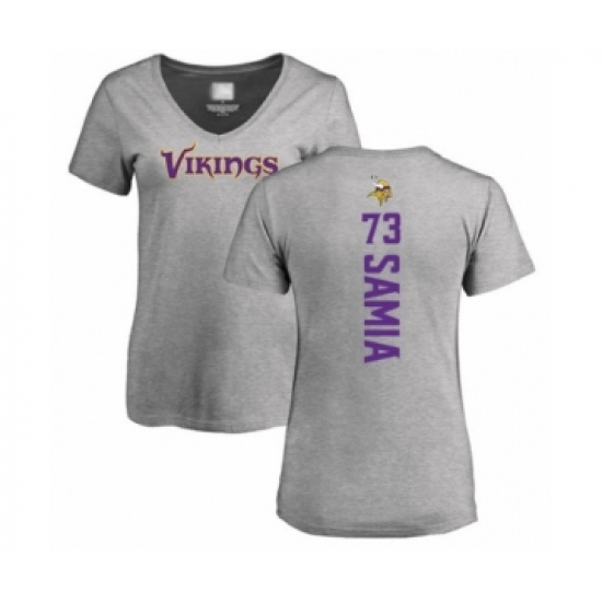 Football Women's Minnesota Vikings #73 Dru Samia Ash Backer V-Neck T-Shirt - Ujersey Shop