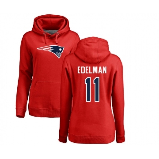 Football Women's New England Patriots #11 Julian Edelman Red Name & Number Logo Pullover Hoodie - Ujersey Shop