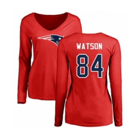 Football Women's New England Patriots #84 Benjamin Watson Red Name & Number Logo Slim Fit Long Sleeve T-Shirt - Ujersey Shop