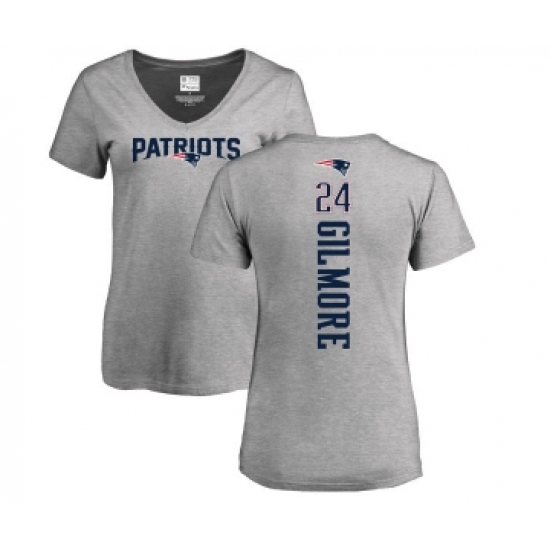 Football Women's New England Patriots #24 Stephon Gilmore Ash Backer V-Neck T-Shirt - Ujersey Shop