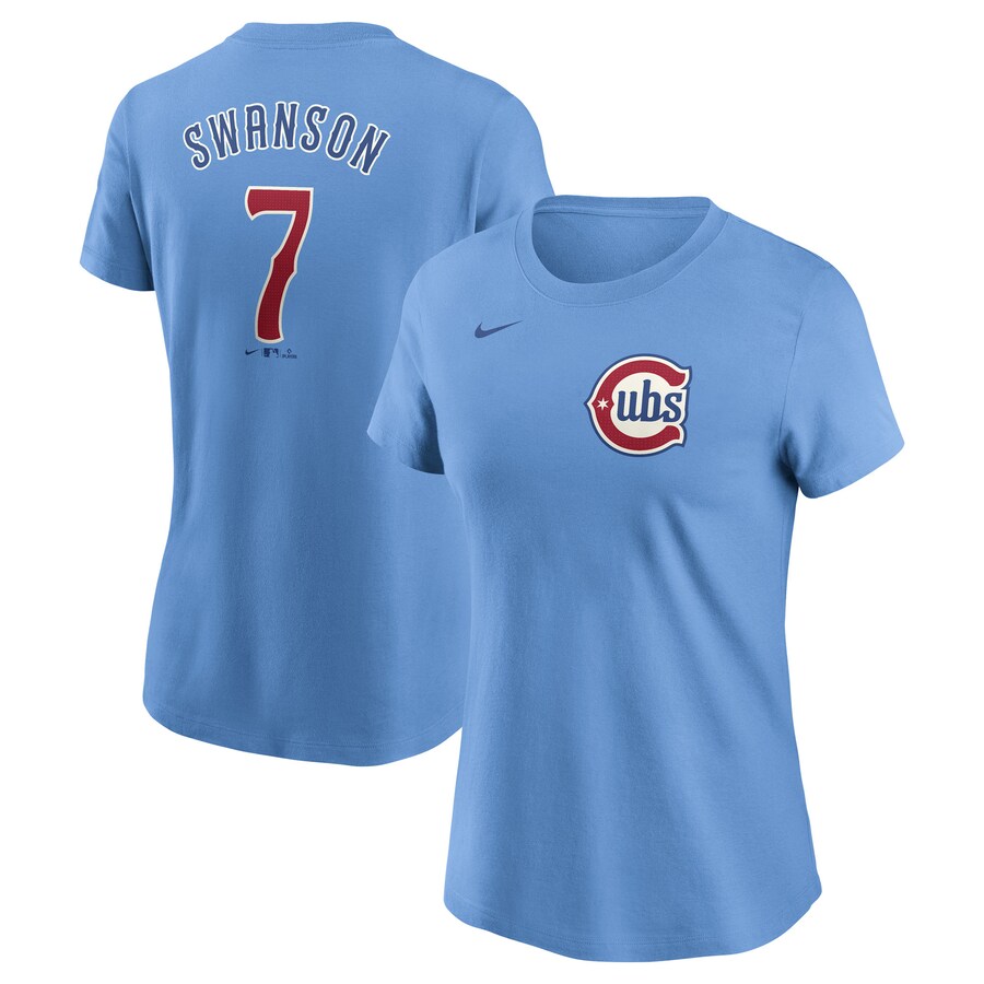 Women's Chicago Cubs Dansby Swanson Nike Baby Blue Fuse Name & Number T-Shirt - Ujersey Shop